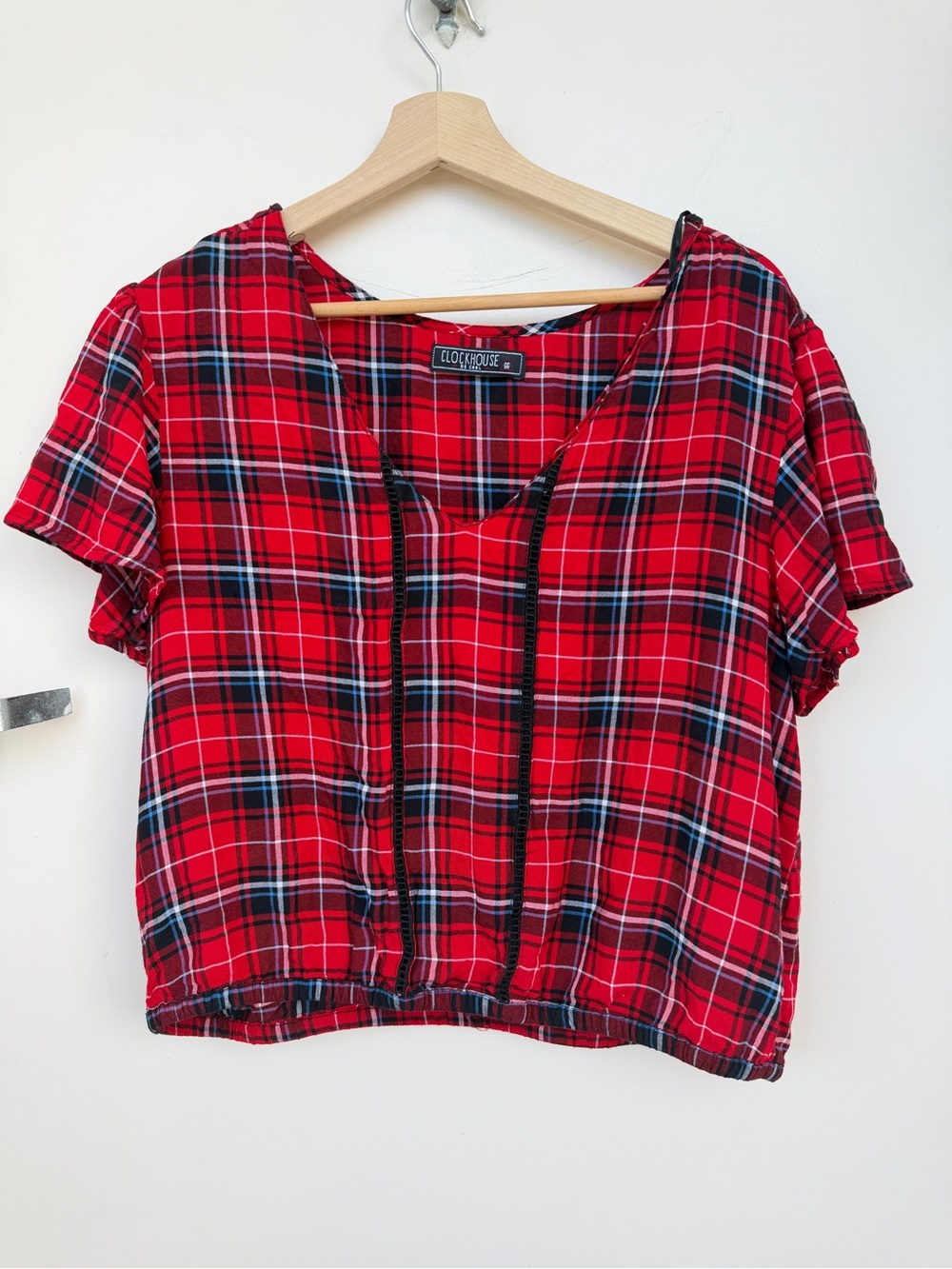 Vintage 100% Viscose Red Tartan Plaid Crop Blouse Y2K Grunge Punk Top M